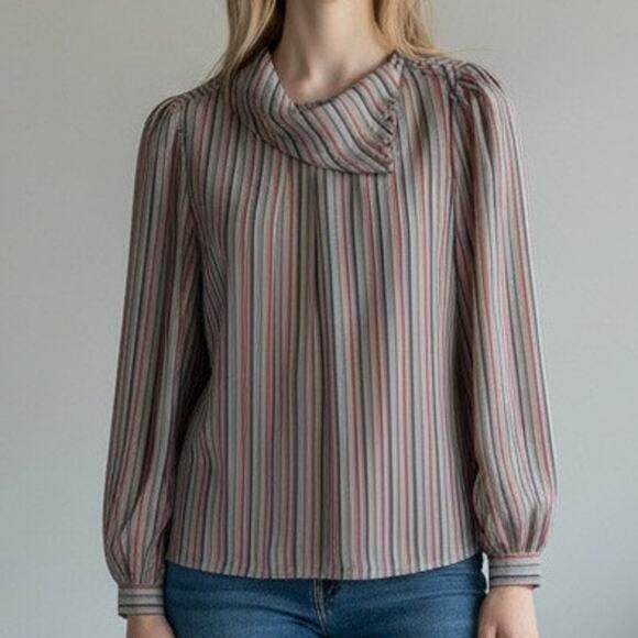 Vintage Lady Arrow Size 8 Made in Korea Striped Button High Collar Blouse - Picture 1 of 10